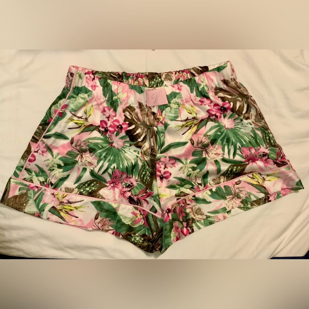 Victoria’s Secret Satin Pajama Shorts; NWT; XS; pink, green, white floral print